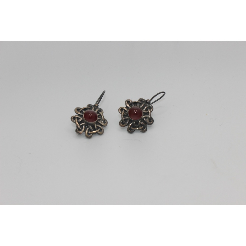 Vintage 925 Sterling Silver Celtic Knot Red Cabochon Drop Earrings Dangle